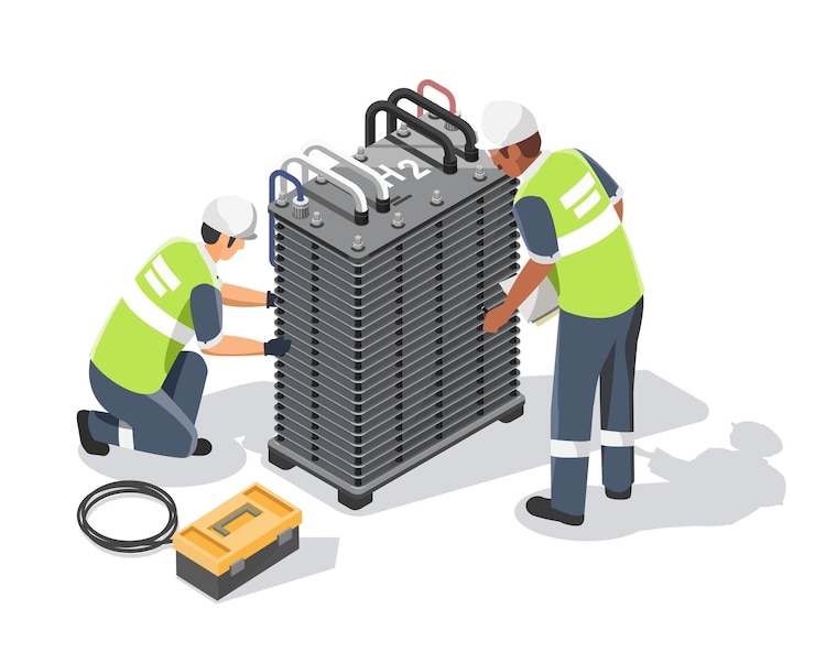Vector engineer and technician maintenance service h2 pem water electrolyser station hydrogen isometric