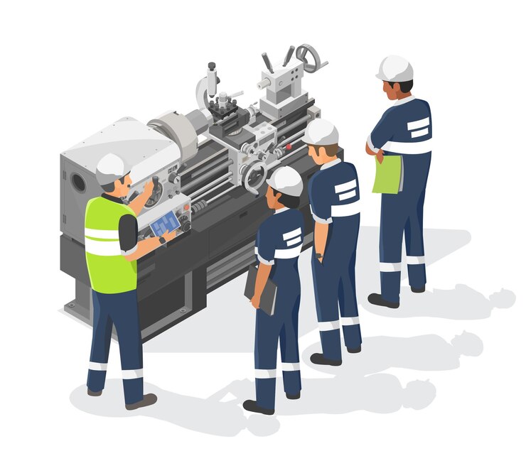 Vector engineer and technician work training on heavy duty metal lathe machine industrial isometric