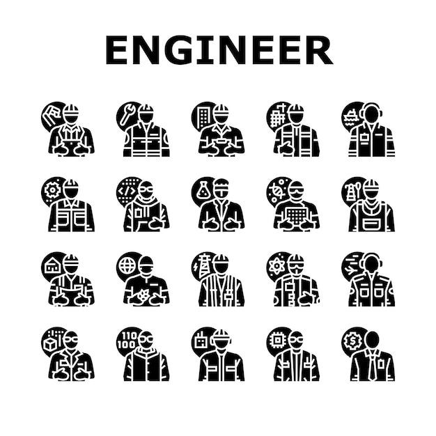 Engineer technology work man icons set vector