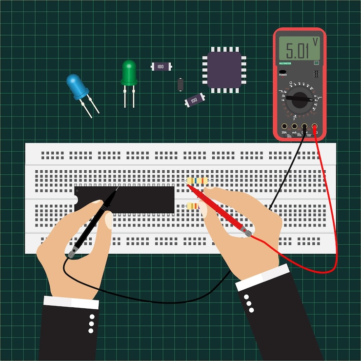 Vector engineer testing electrical circuit vector illustration
