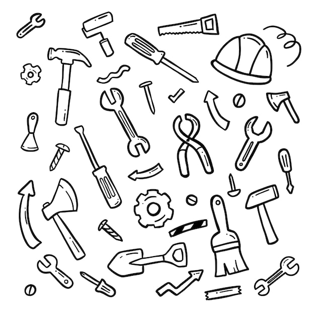 Vector engineer tools doodle hand drawing set