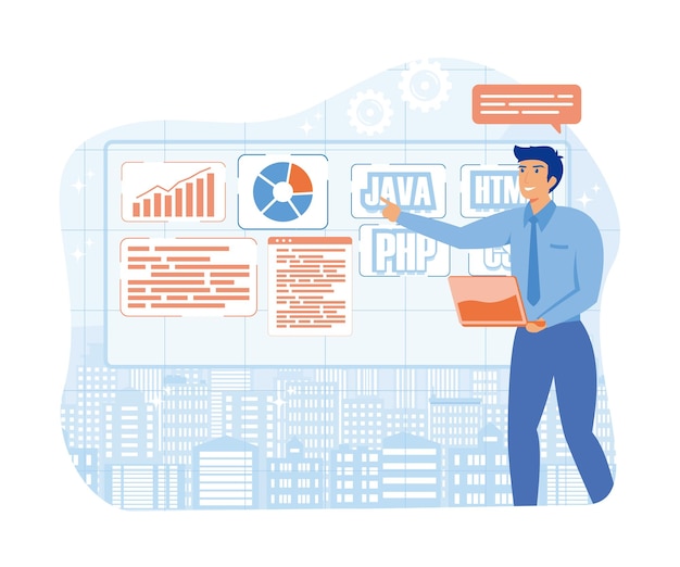 engineer with laptop standing in office holding pen while coding and developing concept