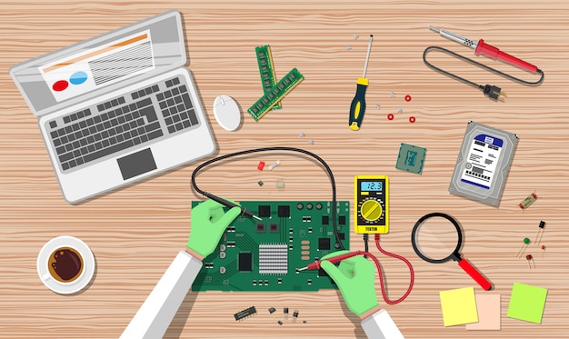 Vector engineer with multimeter check electronic board