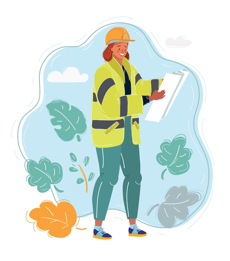 Vector engineer woman in orange helmet plan of building