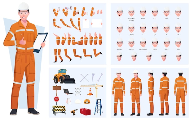엔지니어 작업자 캐릭터 생성 및 애니메이션 팩 Man Wearing Overalls with tools 장비 입 애니메이션 및 립싱크