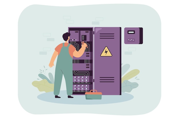 Engineer working at main-electrical breaker. Electrician man fixing or circuiting power cable at electric meter or counter panel flat vector illustration. Switch board, service technician concept