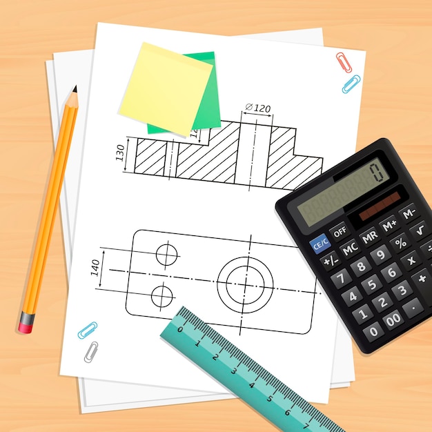 Engineer workplace with tools and technical drawing