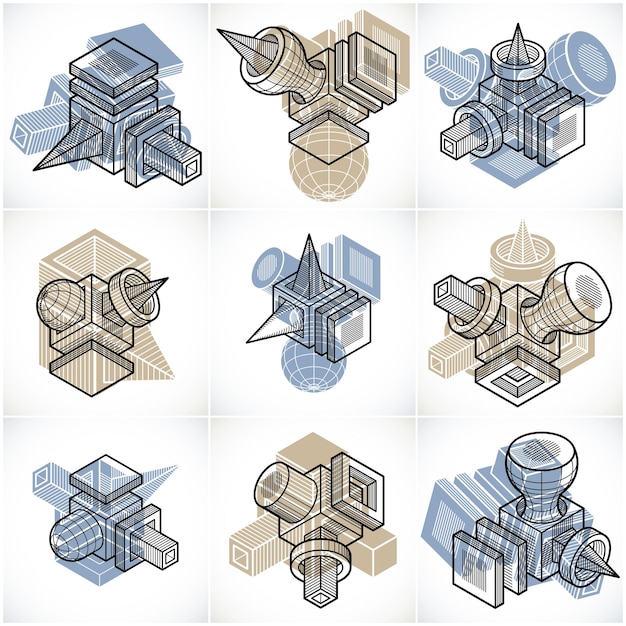 Engineering abstract geometric shapes, simple vectors set.