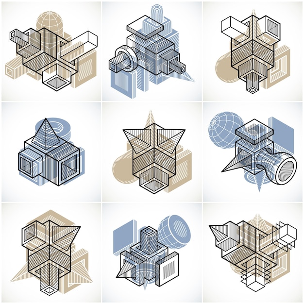 Engineering abstract geometric shapes, simple vectors set.