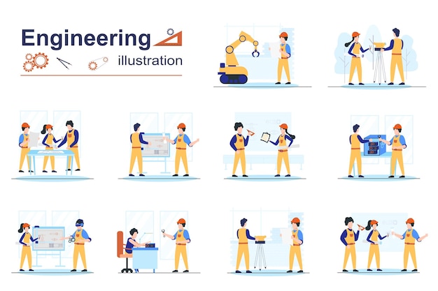 Engineering concept scenes seo with tiny people in flat design Men and women in helmets working