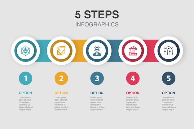Инженерное проектирование профессиональное строительство Иконки управления системой Инфографический шаблон дизайна Креативная концепция с 5 шагами