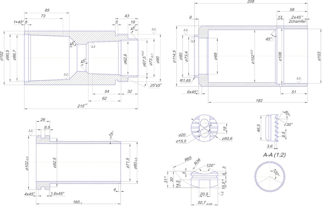 Vettore disegno tecnico della boccola in acciaio