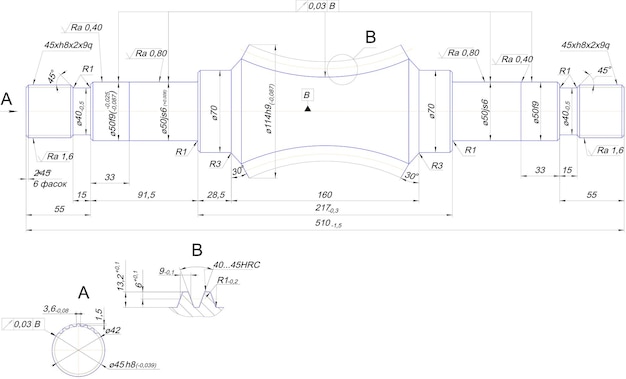 Disegno tecnico di albero in acciaio