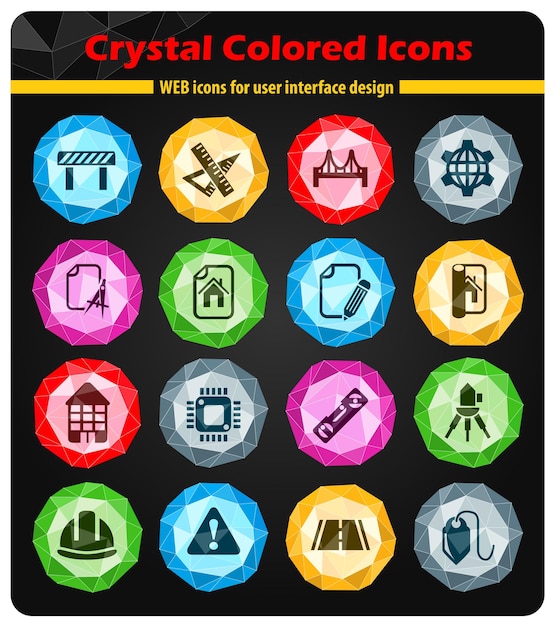 Инженерные иконки на ярких цветных кнопках-кристаллах