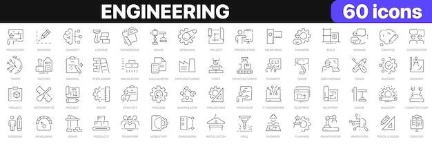 Vector engineering line icons collection designer construction engineer project crane icons ui icon set thin outline icons pack vector illustration eps10