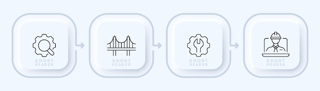 エンジニア リング セット アイコン歯車拡大鏡橋建設エンジニア レンチ建築家アーキテクチャ ビルド技術コンセプト ネオモーフィズム スタイル ビジネスと広告のベクトル線アイコン
