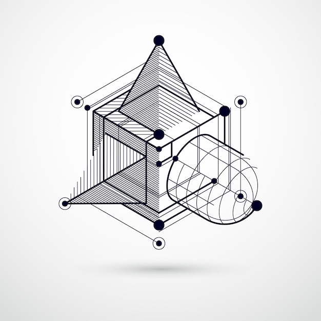 Ingegneria tecnologica carta da parati 3d vettoriale in bianco e nero realizzata con cubi e linee. illustrazione del sistema di ingegneria, sfondo tecnologico astratto. background tecnico astratto.