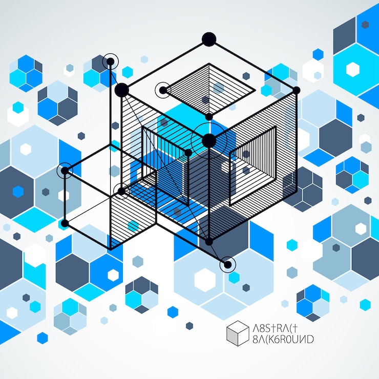 Vector engineering technological blue vector 3d wallpaper made with cubes and lines. illustration of engineering system, abstract technological backdrop. abstract technical background.