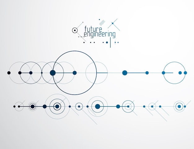 Carta da parati vettoriale tecnologica di ingegneria realizzata con cerchi e linee. la moderna composizione geometrica può essere utilizzata come modello e layout. background tecnico astratto.