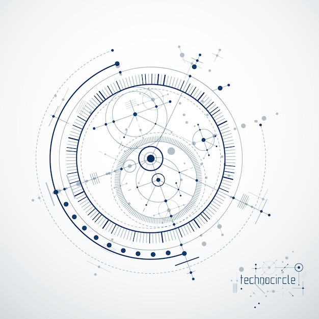 円と線で作られたエンジニアリング技術ベクトルの壁紙。現代の幾何学的構成は、テンプレートおよびレイアウトとして使用できます。抽象的な技術的背景。