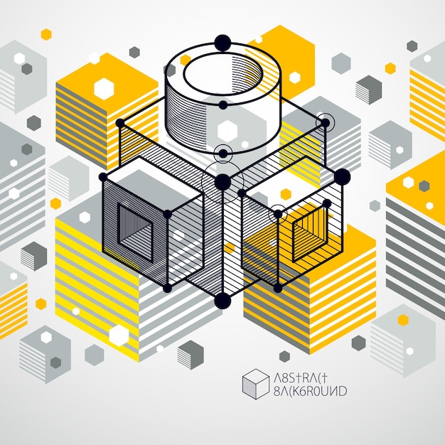 Carta da parati 3d vettoriale gialla tecnologica di ingegneria realizzata con cubi e linee. illustrazione del sistema di ingegneria, sfondo tecnologico astratto. background tecnico astratto.