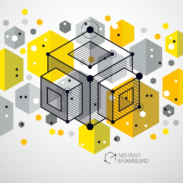 Engineering technological yellow vector 3D wallpaper made with cubes and lines. Illustration of engineering system, abstract technological backdrop. Abstract technical background.