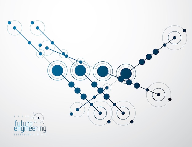 Engineering technologische vector behang gemaakt met cirkels en lijnen. moderne geometrische compositie kan worden gebruikt als sjabloon en lay-out. abstracte technische achtergrond.