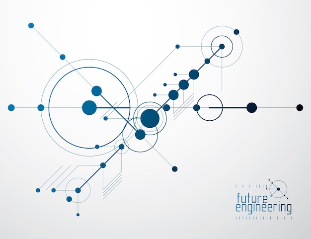 Engineering technologische vector behang gemaakt met cirkels en lijnen. moderne geometrische compositie kan worden gebruikt als sjabloon en lay-out. abstracte technische achtergrond.