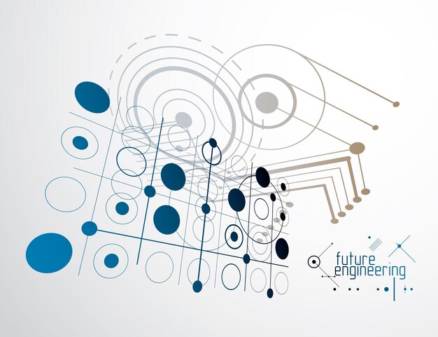 Vector engineering technologische vector behang gemaakt met cirkels en lijnen. moderne geometrische compositie kan worden gebruikt als sjabloon en lay-out. abstracte technische achtergrond.