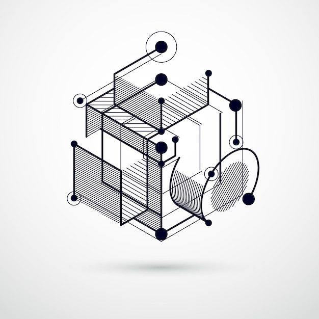 Engineering technologische zwart-wit vector 3D behang gemaakt met kubussen en lijnen. Illustratie van engineering systeem, abstracte technologische achtergrond. Abstracte technische achtergrond.