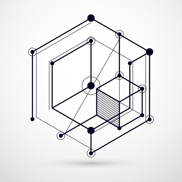 Tecnologia di ingegneria vettore sfondo bianco e nero realizzato con cubi e linee 3d. carta da parati tecnologica ingegneristica realizzata con nido d'ape. background tecnico astratto.