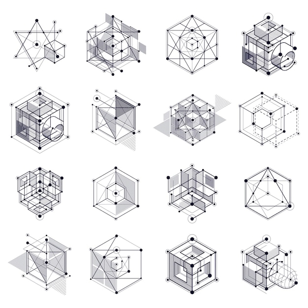 엔지니어링 기술 벡터 흑백 월페이퍼 세트는 3D 큐브와 선으로 만들어졌습니다. 벌집으로 만든 엔지니어링 기술 벽지. 추상적인 기술적 배경입니다.