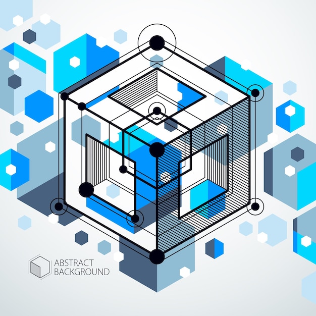 Carta da parati blu vettoriale di tecnologia ingegneristica realizzata con cubi e linee 3d. carta da parati tecnologica ingegneristica realizzata con nido d'ape. background tecnico astratto.