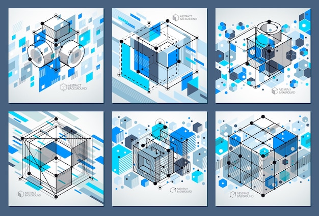 ベクトル 3dの立方体と線で作られたエンジニアリング技術ベクトル青い壁紙セット。ハニカムで作られたエンジニアリング技術の壁紙。抽象的な技術的背景。