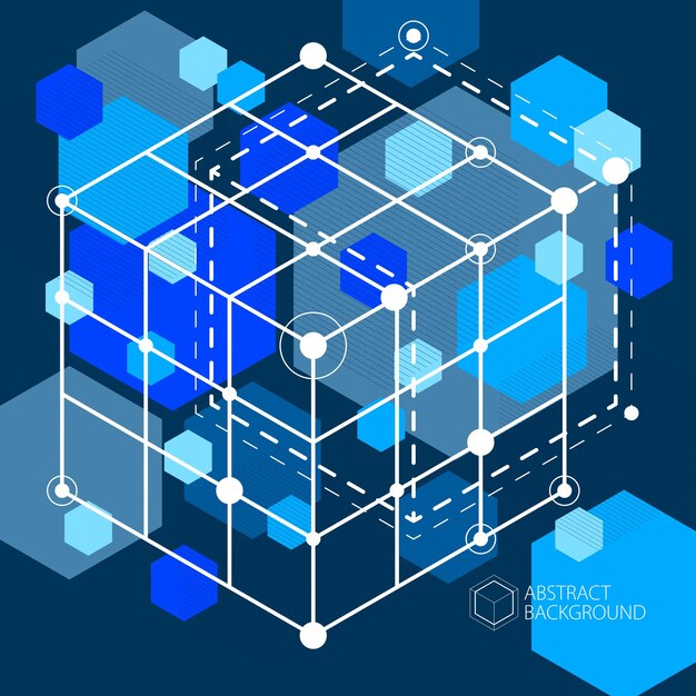 Vettore tecnologia di ingegneria vettore sfondo blu scuro realizzato con cubi e linee 3d. carta da parati tecnologica ingegneristica realizzata con nido d'ape. background tecnico astratto.