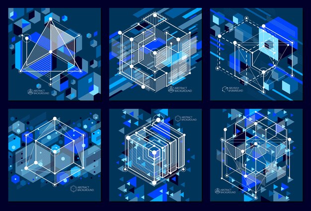 Engineering technology vector dark blue wallpapers set made with 3d cubes and lines. engineering technological wallpaper made with honeycombs. abstract technical background.