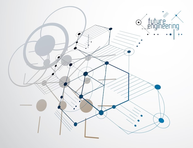 Engineering technology vector wallpaper made with hexagons, circles and lines. technical drawing abstract background.