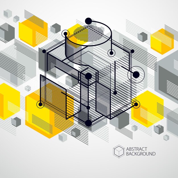 Engineering technology vector yellow wallpaper made with 3d cubes and lines. engineering technological wallpaper made with honeycombs. abstract technical background.