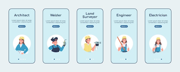 Engineering vrouwen banen onboarding mobiele app platte schermsjabloon