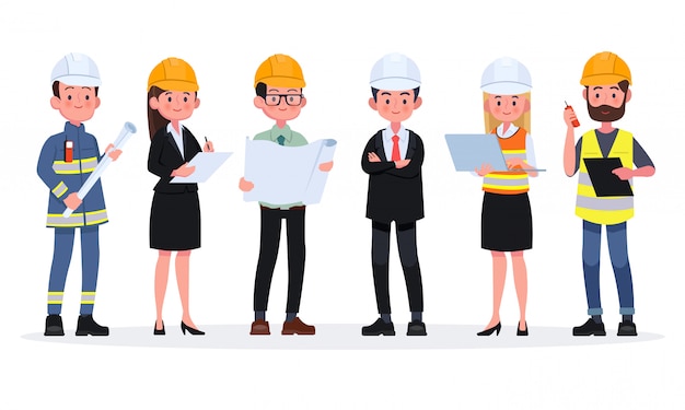 Engineers cartoon set with civil engineering construction workers architect and surveyor illustration