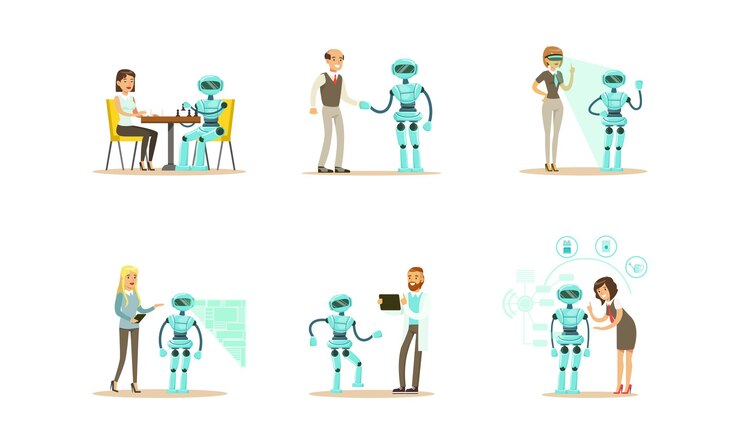 Vector engineers making programming and designing robots set artificial intelligence technology cartoon vector illustration