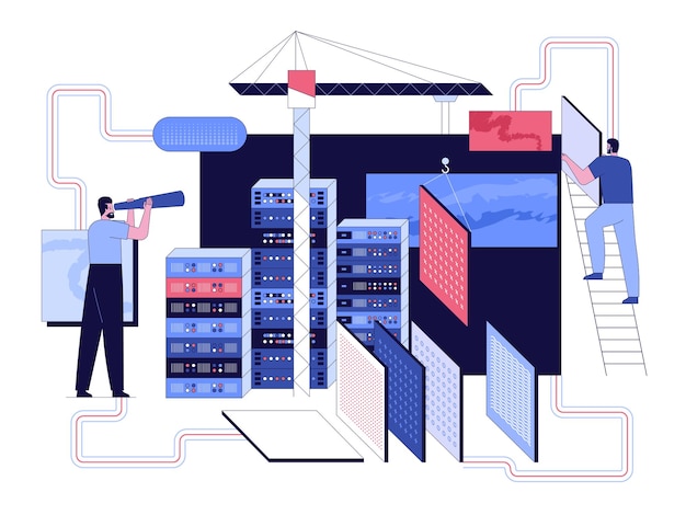 Вектор Команда инженеров поддерживает базу данных серверов. работающие программисты следят за работой серверов. технология блокчейна. метафора строительства с подъемными кранами. векторная иллюстрация персонажей.