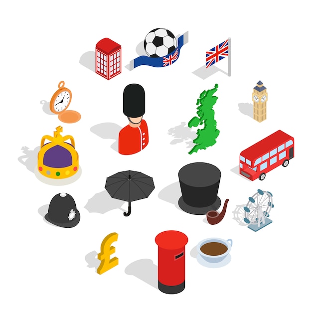 England icons set, isometric 3d style