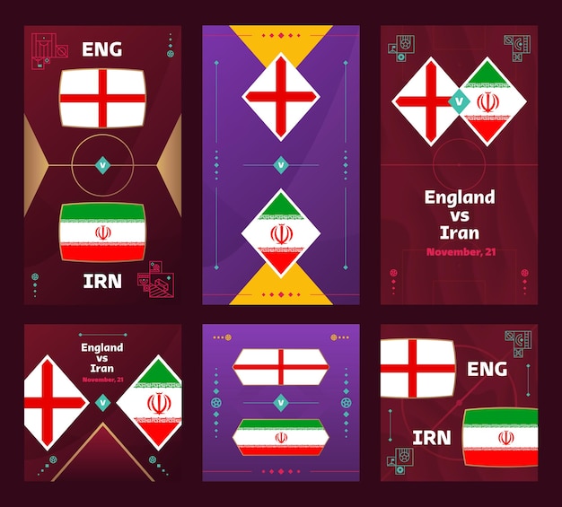 잉글랜드 대 이란 경기 세계 축구 2022 소셜 미디어 2022용 수직 및 사각형 배너 설정
