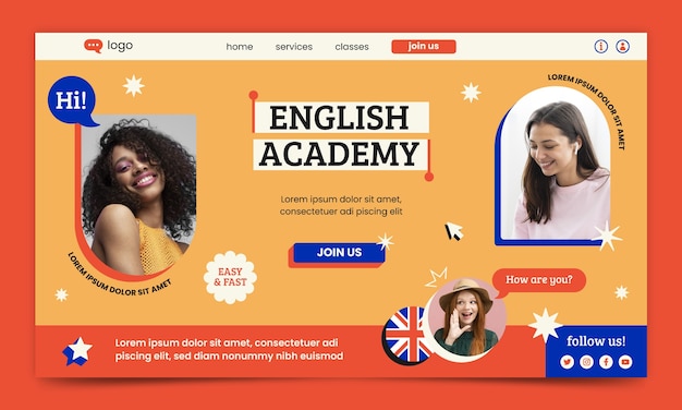 Vector english academy landing page template