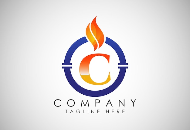 ベクトル 火の炎とパイプを持つ英語のアルファベット c 石油・ガス業界のロゴ デザイン コンセプト