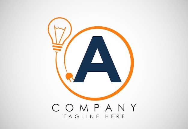 english alphabet a in a circle with electric bulb and plug electricity industrial and technology logo