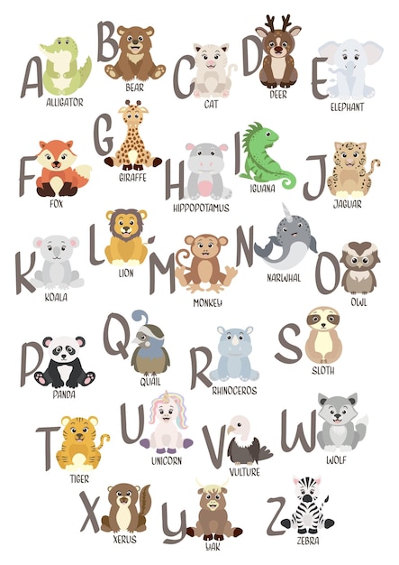 아이들 교육을 위한 영어 알파벳 귀여운 동물들. 재미있는 손으로 그린 캐릭터 스타일.