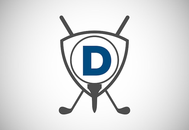 English alphabet D with golf ball golf stick and shield sign Modern logo design for golf clubs