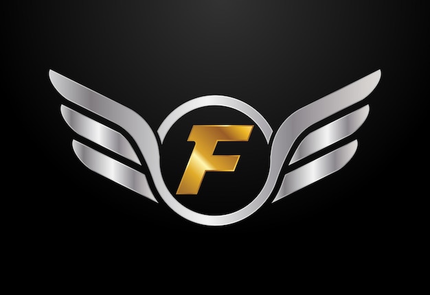ベクトル 翼のロゴデザインを持つ英語のアルファベット f 車と自動車のベクトルのロゴのコンセプト